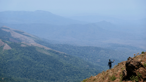 A person standing on top of Mulayanagiri hills while looking at the valley below.
