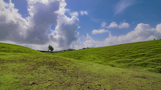 Wide-angle view of vibrant grassy hills under a bright sky filled with large, dramatic white clouds.