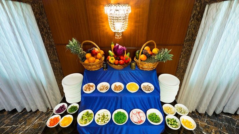 Fruit baskets arranged in a banquet hall at Hablis Hotel, Chennai 