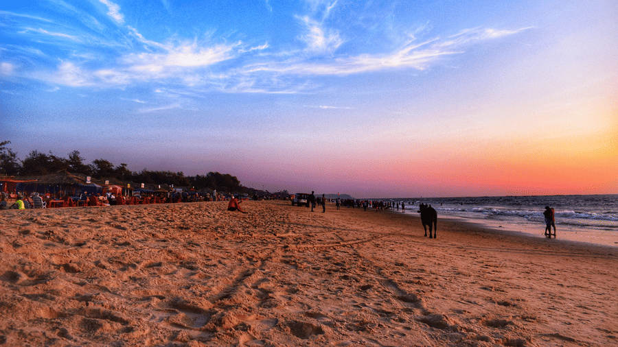 A wide-angle shot of a beach shore during the sunset featuring pink and orange hues on over the crashing waves.