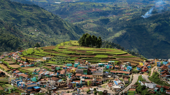 Panoramic view of terraced hills with a densely packed village in the foreground, set against layered mountain ranges in Kodaikanal, Tamil Nadu.