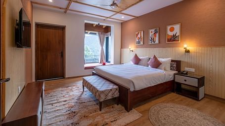 Spacious room with a large bed, bedside table, wall-mounted light above the headboard, a TV with a desk below, and windows and a door to the side at The Chamomile Estate.
