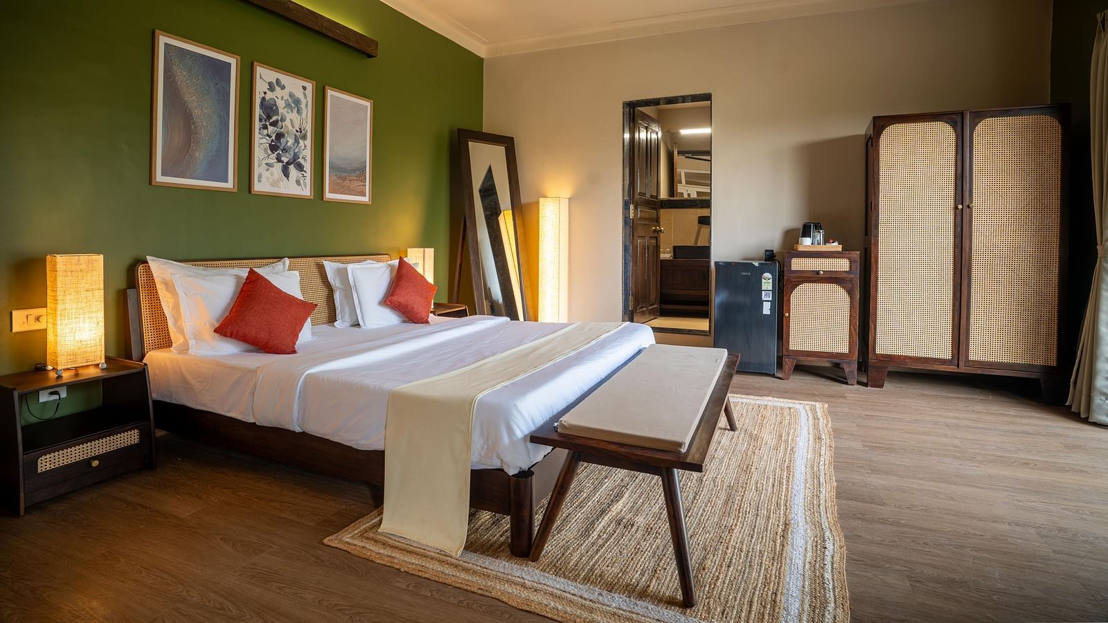 Bright bedroom with earthy tones and sleek furniture at Kssemya.