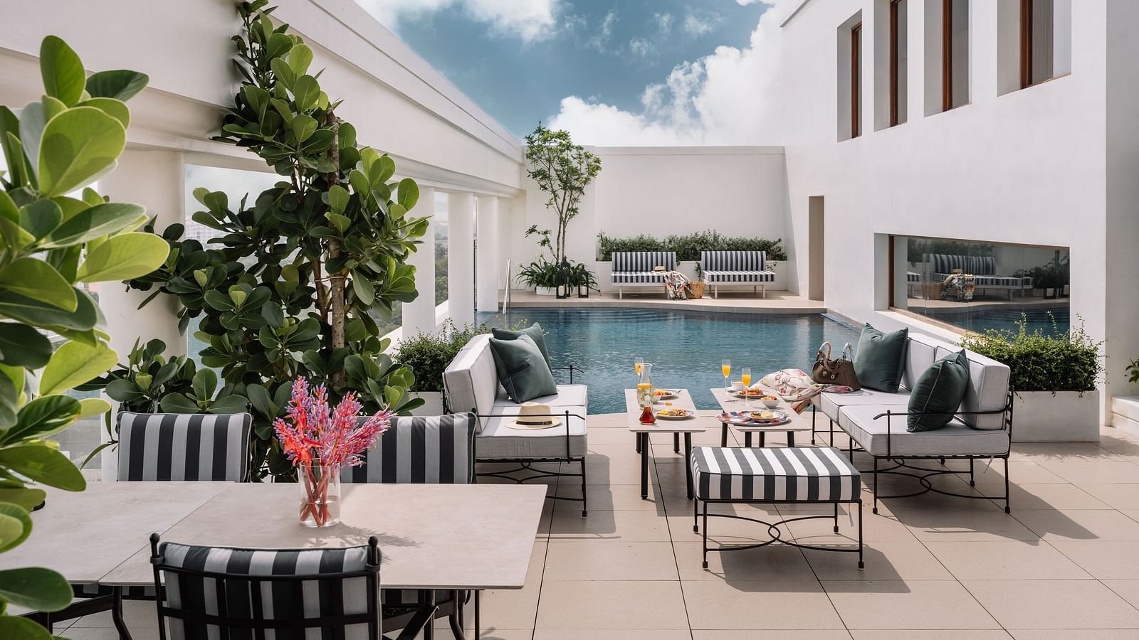 An overview of the rooftop swimming pool with loungers, tables and potted plants in view - The Raintree, St. Mary's Road.