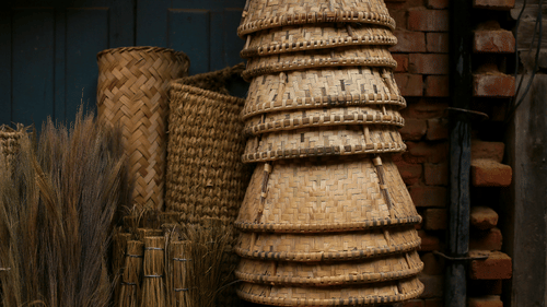 Traditional woven baskets stacked together, showcasing intricate craftsmanship and natural materials