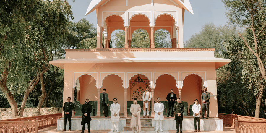 Wedding ceremony setup with guests gathered at a heritage pavilion in Umaid Palace.