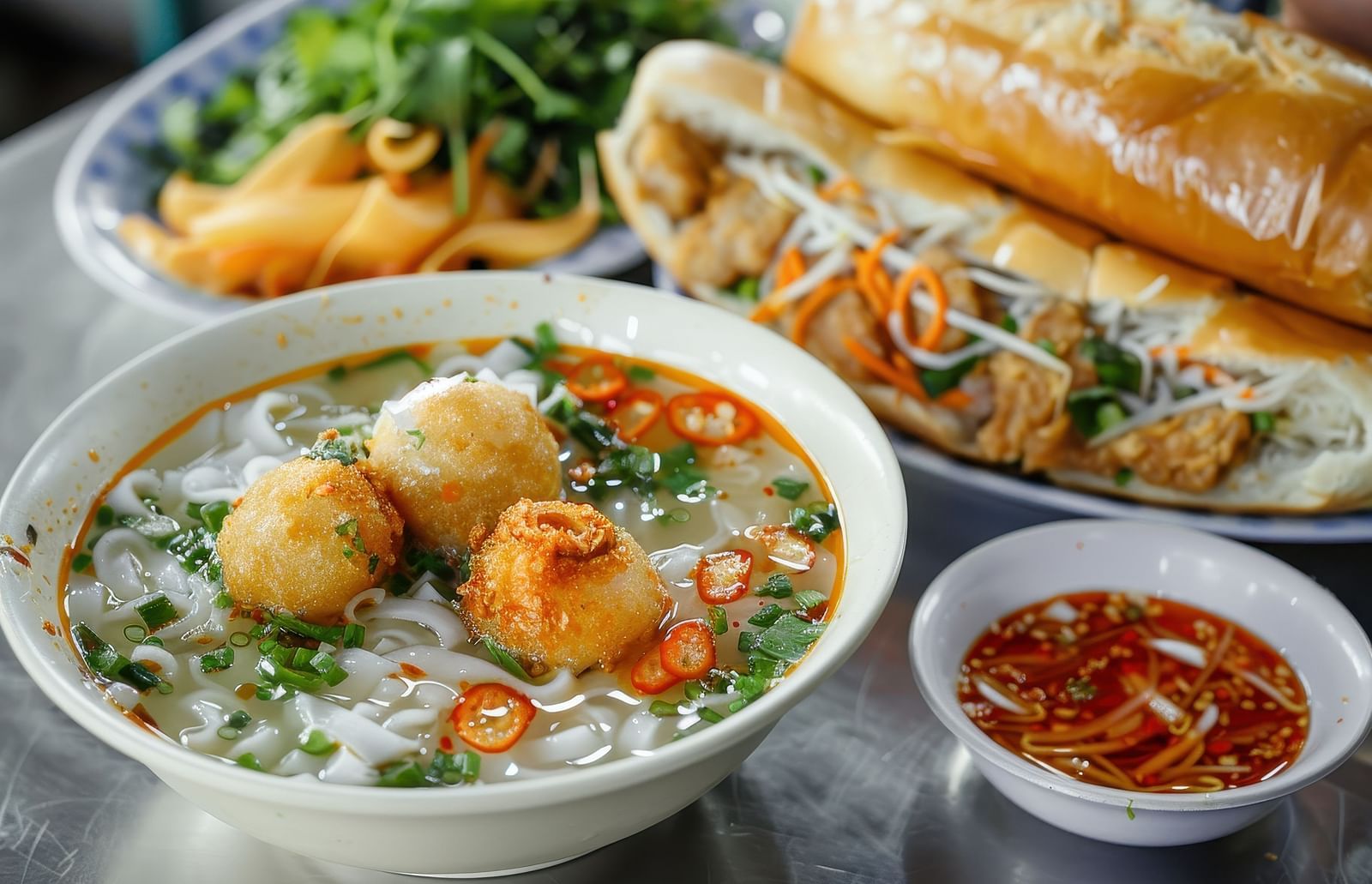  Assortment of dishes including soup with meatballs, a sandwich, and greens on a table.