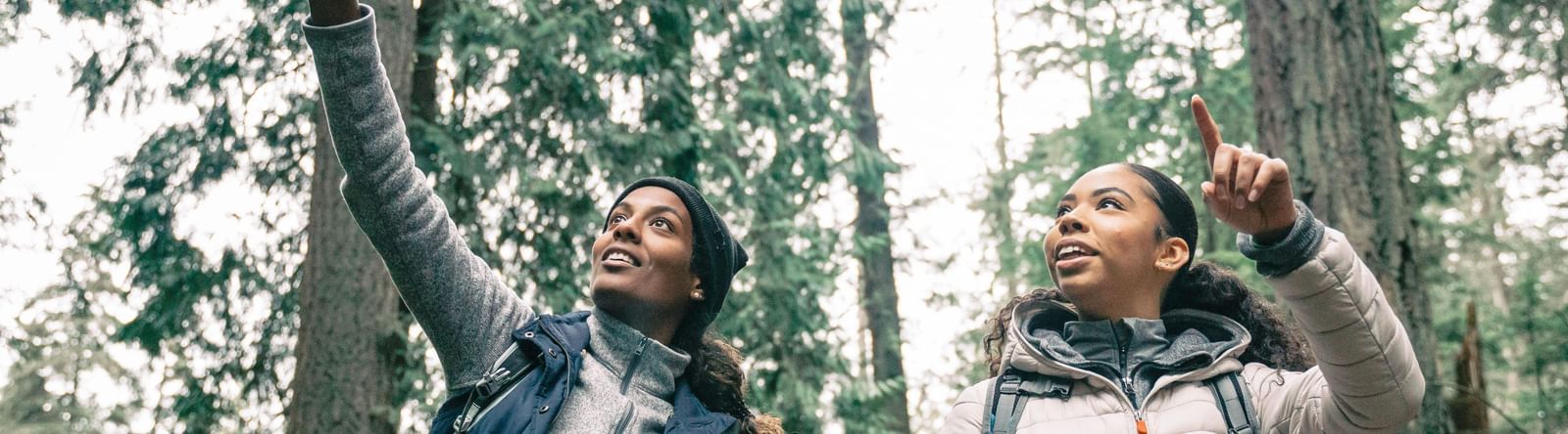Two women hikers, one in a blue vest and the other in a puffer jacket, point upwards in a forest of tall trees.
