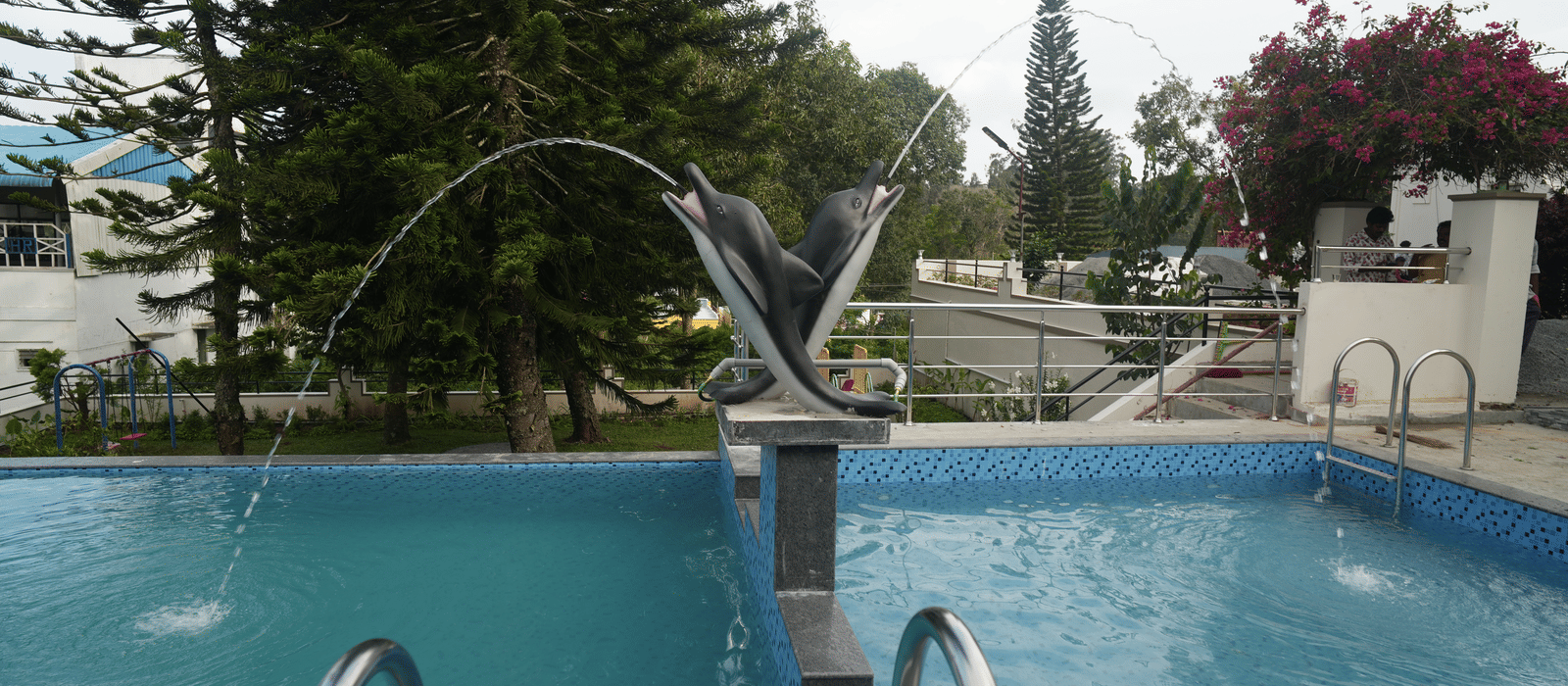 The swimming pool at WOW Naturefull Resorts with 2 dolphin statues in the middle of it.