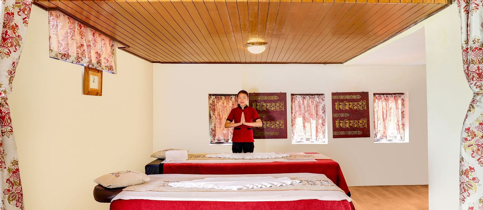 The spa area is meticulously arranged with cushions, plush sheets and neatly folded towels at Summit Norling Resort & Spa, Gangtok1
