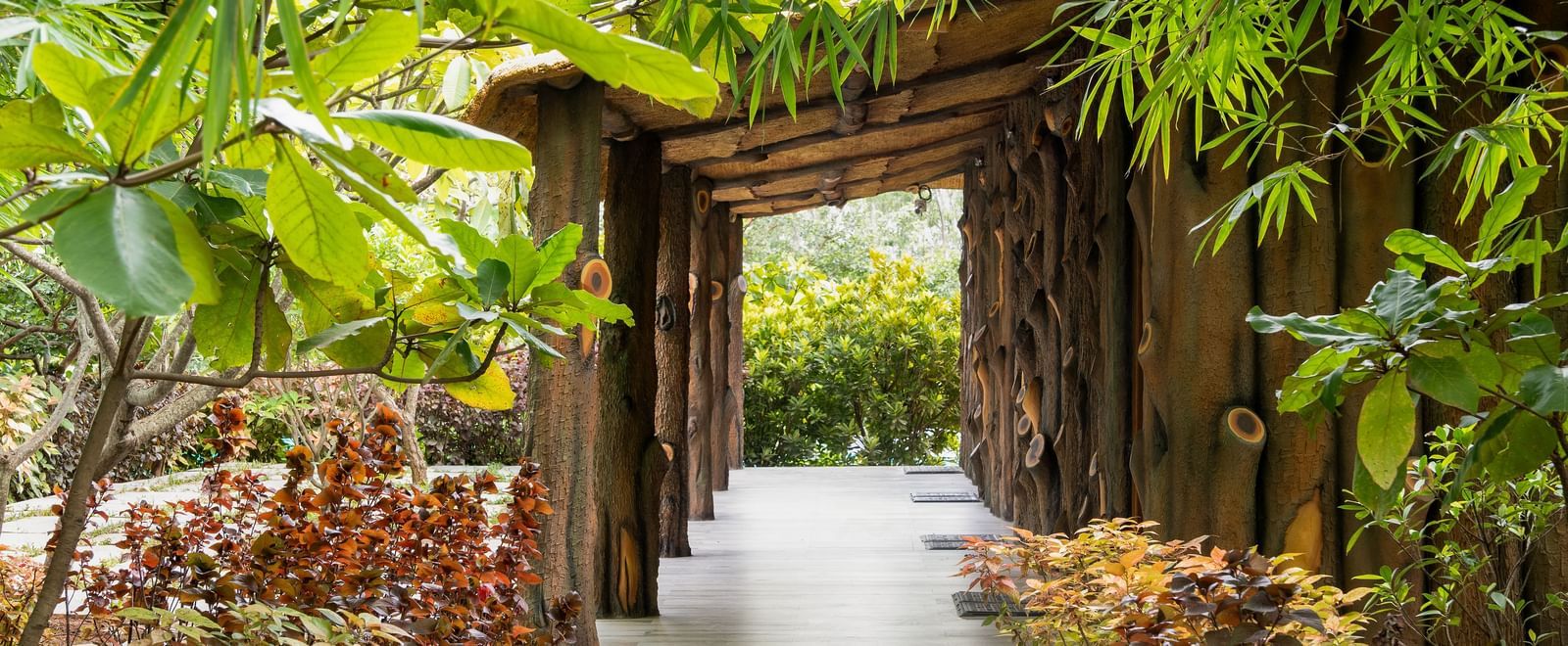 A stone path ascends through a lush tropical garden, passing under a rustic wooden archway covered in greenery | Standard Room | RD's Nature Retreat, Bangalore