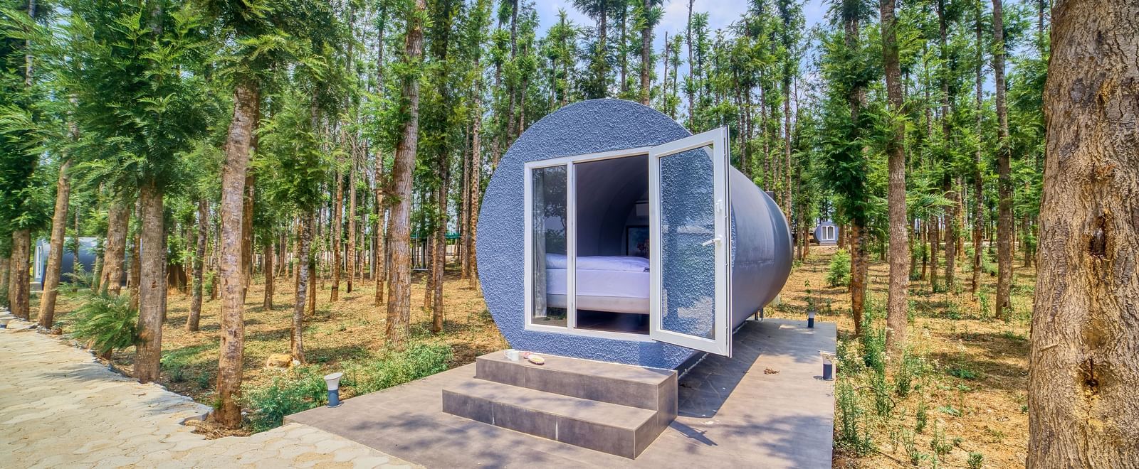 A modern, grey, capsule-shaped accommodation unit with its entrance open, revealing a glimpse of the interior, situated among tall trees with a pathway leading up to it. - Vintage Trails by Ilara