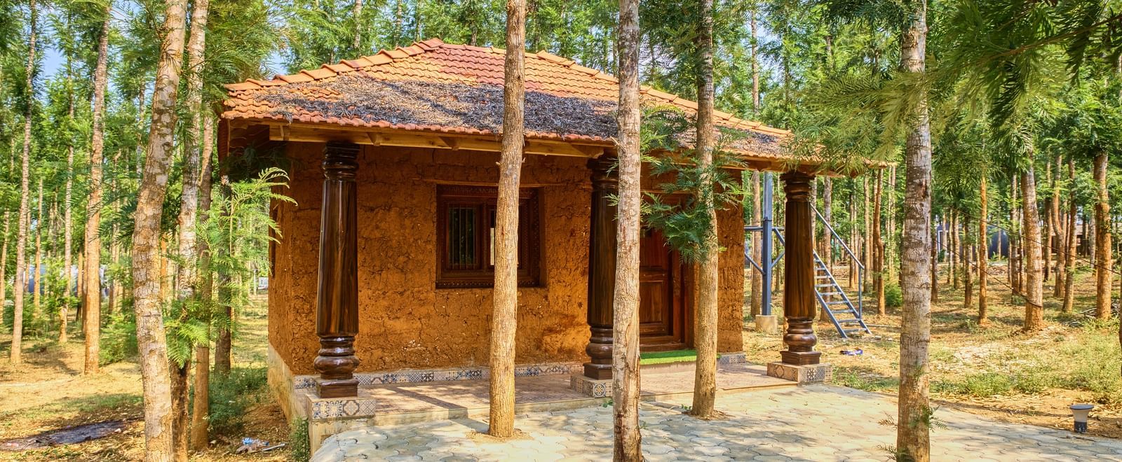 A small, rustic wooden cabin with a tiled roof and a covered porch, situated amongst tall, slender trees with a pathway leading to it. - Vintage Trails by Ilara