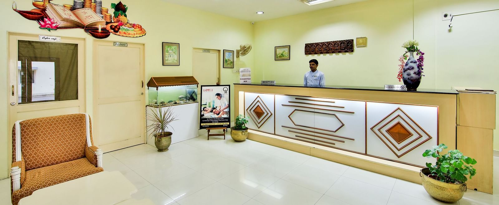 Well-lit lobby area of Hotel Shantiniketan in Hyderabad near Ramoji Film City.