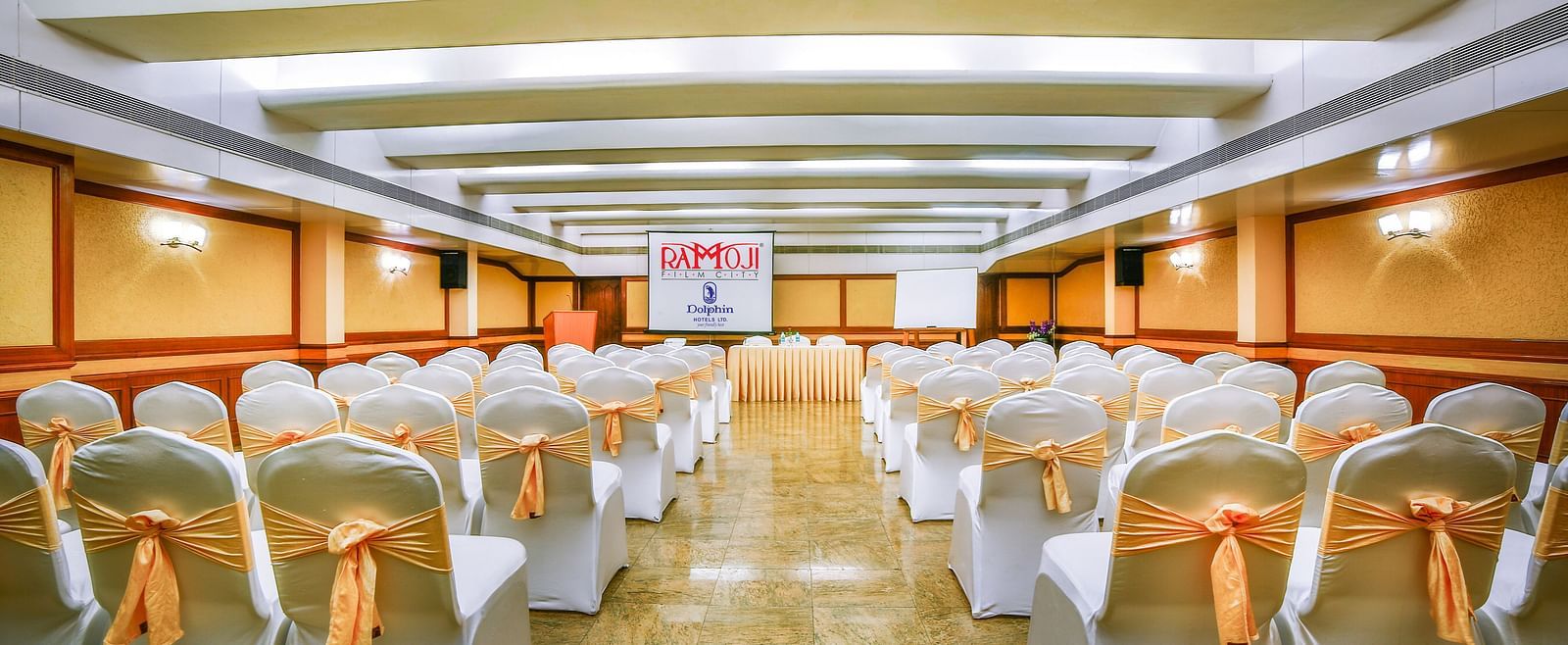 Champion Hall arrayed with chairs at Tara, Comfort Hotel in Hyderabad - Ramoji Film City.
