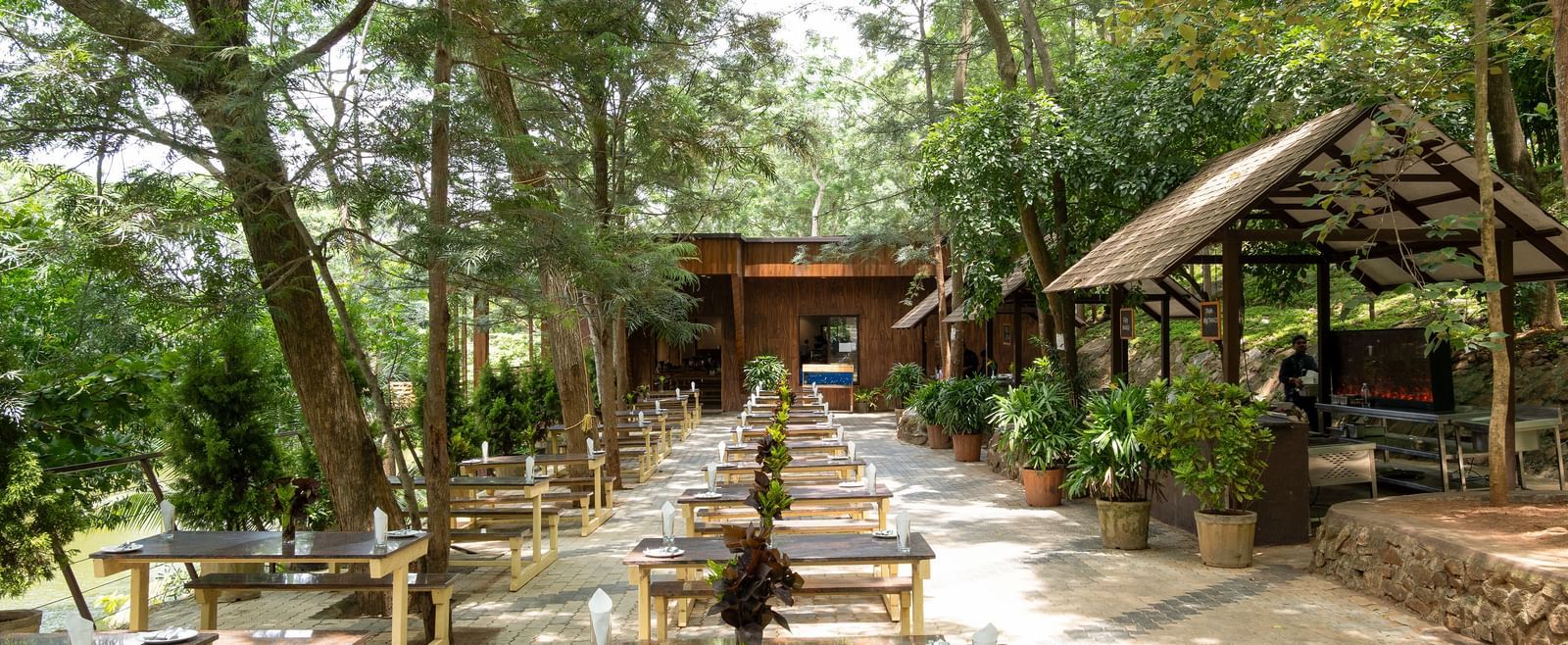 An outdoor dining area is set with numerous tables and chairs arranged along a path under a canopy of trees | Lake View Restaurant