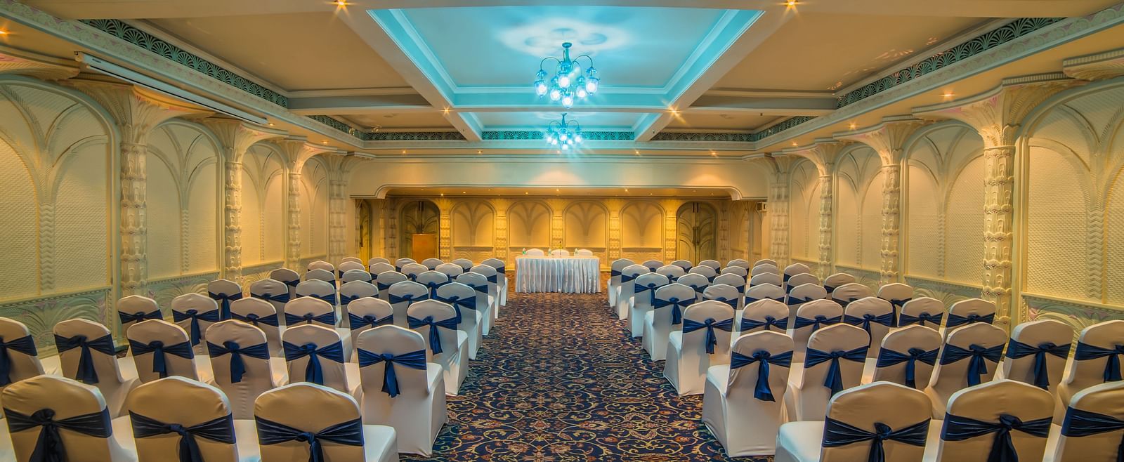 Seating arrangement in Samarkand Hall at Sitara Luxury Hotel in Hyderabad near Ramoji Film City.