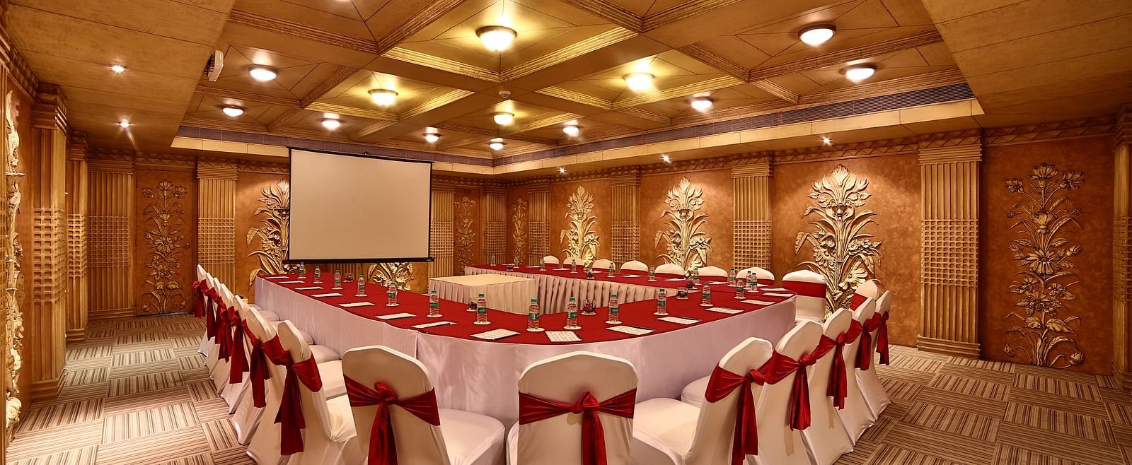 Seating arrangement in Sangam Hall at Sitara Luxury Hotel in Hyderabad near Ramoji Film City.