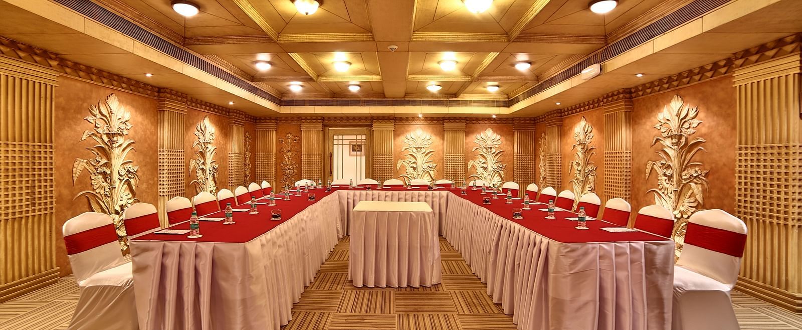 Seating arrangement in Sangam Hall at Sitara Luxury Hotel in Hyderabad near Ramoji Film City.
