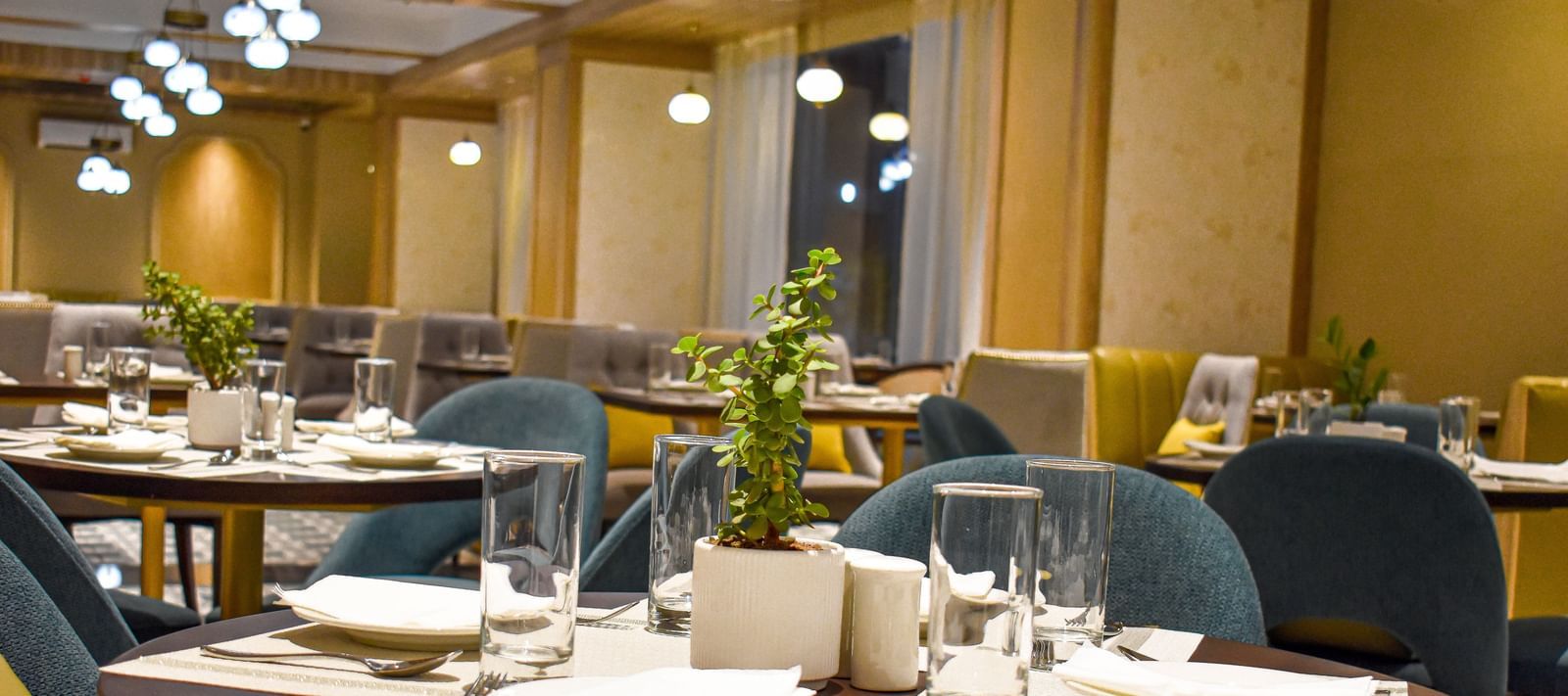 A restaurant interior with set round table, upholstered chairs, glassware, plants, and decorative lighting at one of the best veg hotels in Jaipur - Urban Suites by BluSalzz, Jaipur
