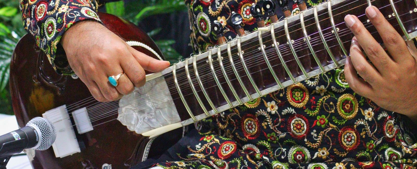 An eye-level shot of a person with a patterned shirt, playing an Indian instrument, with a focus on their hands.