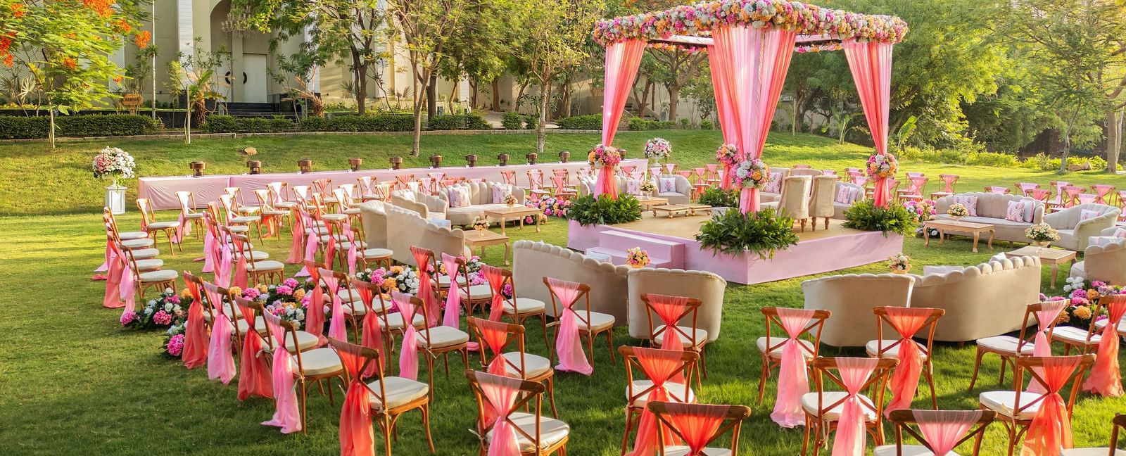 Seating arrangements in the lawn area of Gulmohar Gardens - Essentia Luxury Resort & Spa, Udaipur