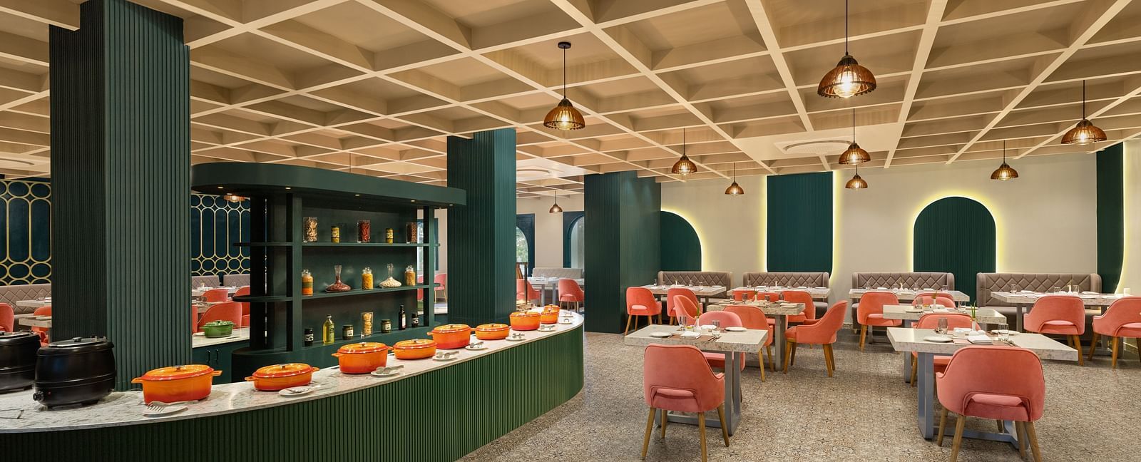 A dining setting of Blue Salt and Coffee at Essentia Luxury Resort & Spa, Udaipur.