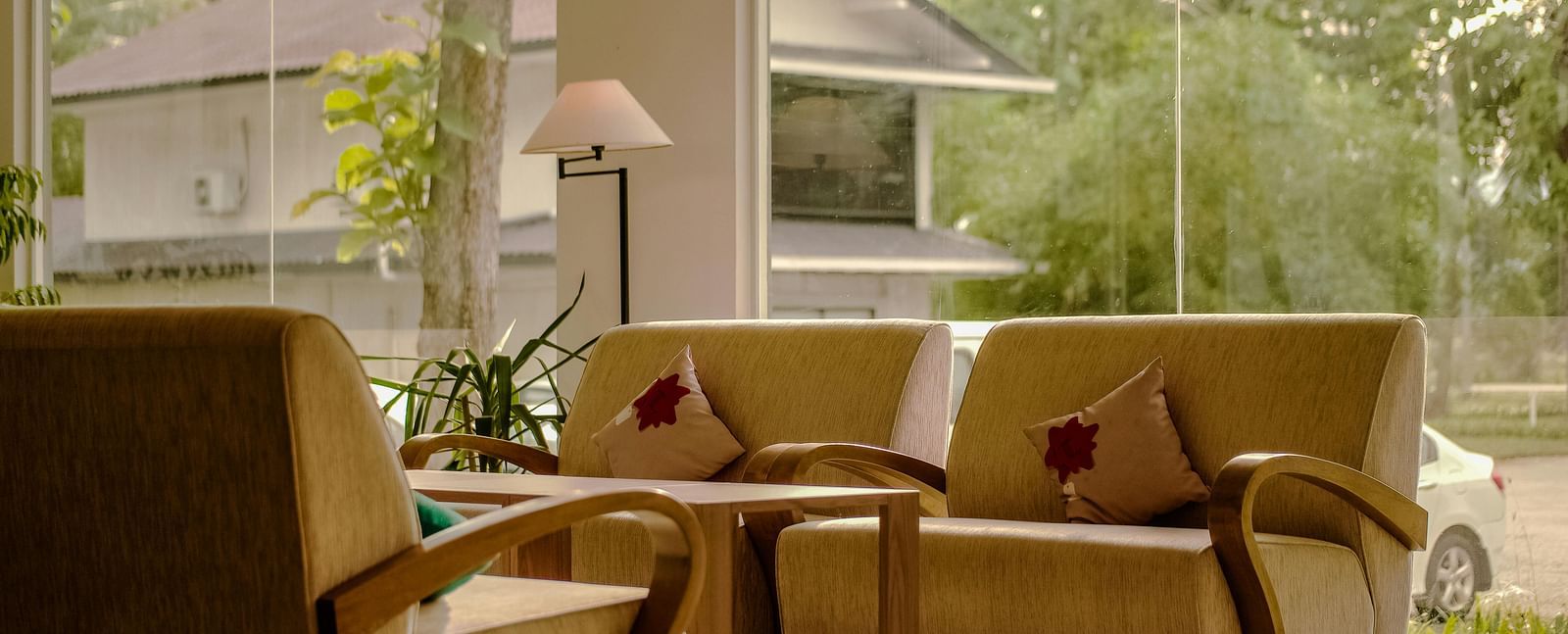 A yellow sofa seating in the lobby.