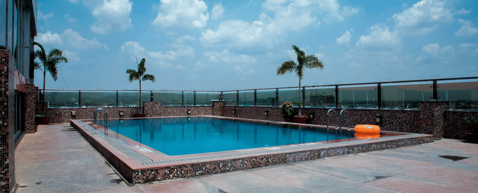 Full view of the rooftop swimming pool at the Benzz Park, Vellore, featuring a clear blue sky in the background with a few palm trees on the perimeter.