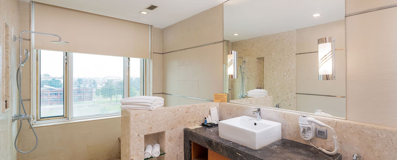  Well-lit executive bathroom showcasing modern fixtures, a spacious shower, and a large mirror - Nirvana Luxury Hotel, Ludhiana