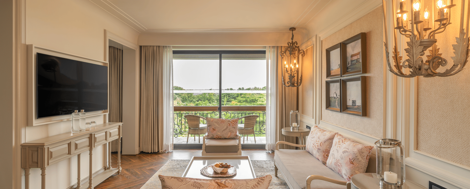 Full view of the living room of the Evren Suite with modern and premium furnishings at The Evren, Vagator.