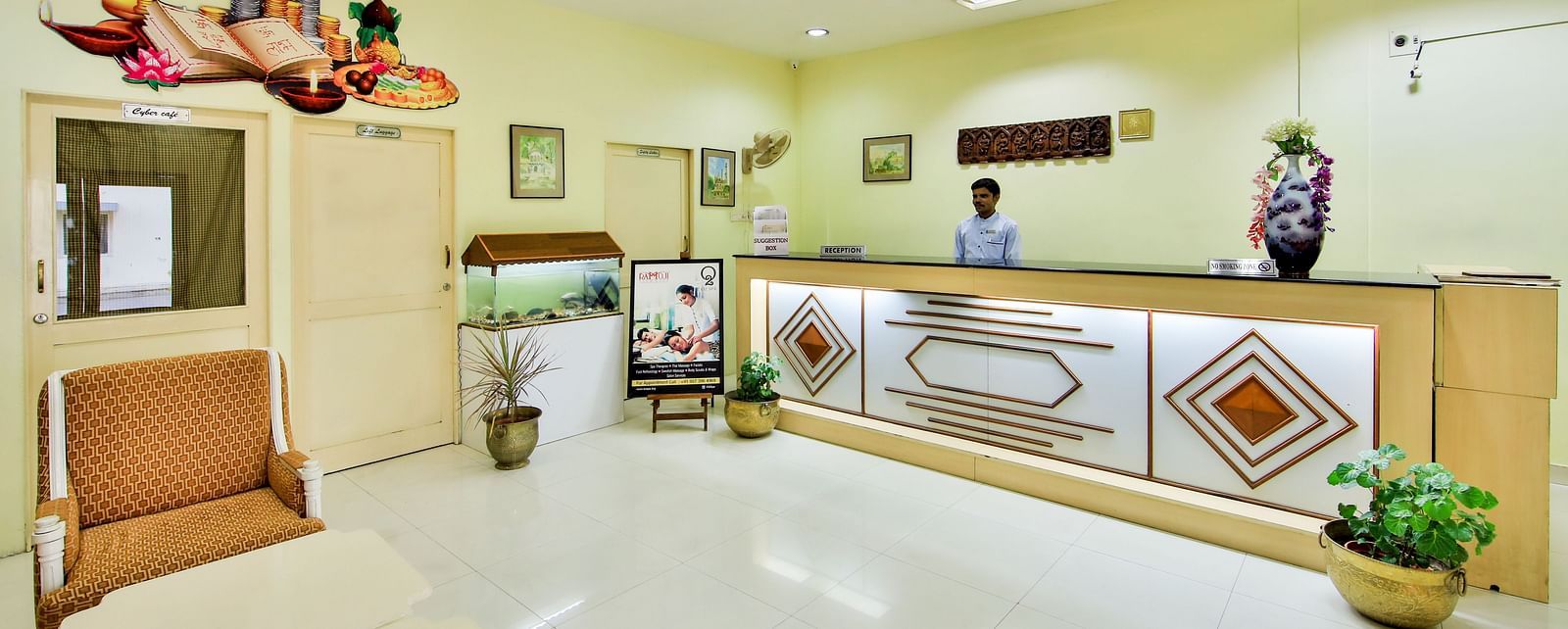Well-lit lobby area of Hotel Shantiniketan in Hyderabad near Ramoji Film City.
