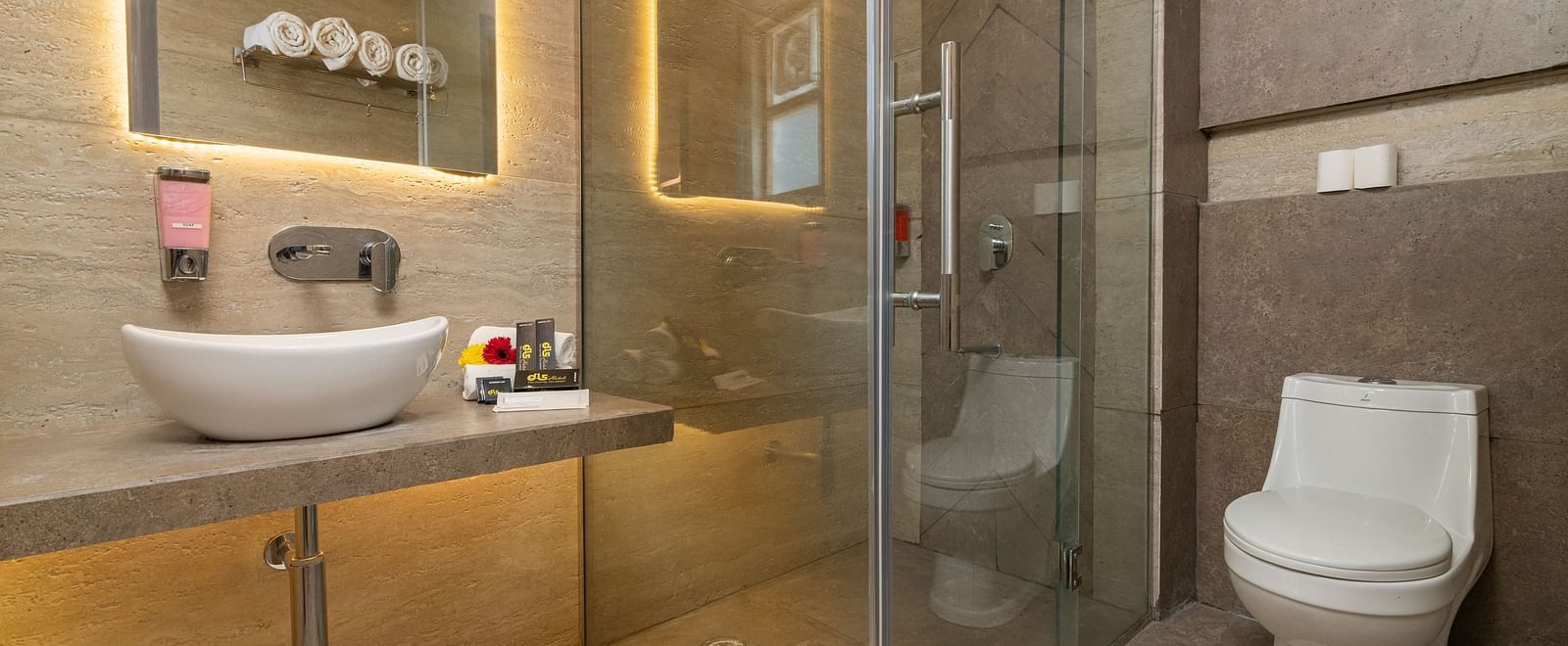 An image of a washroom in the deluxe room with a basin, shower area, a commode, and warm lighting - DLS Ganga Bliss, Haridwar