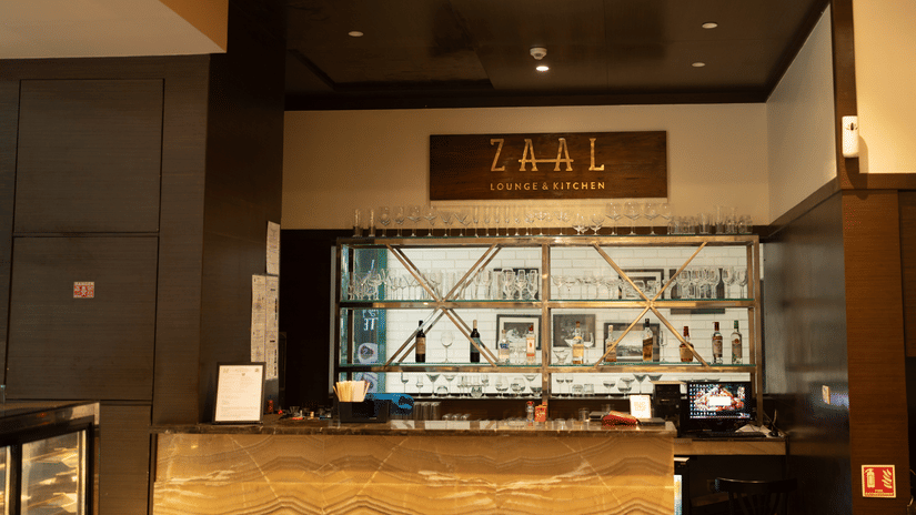 Bar counter with curated spirits display at Zaal Lounge & Kitchen, Whitefield Bengaluru