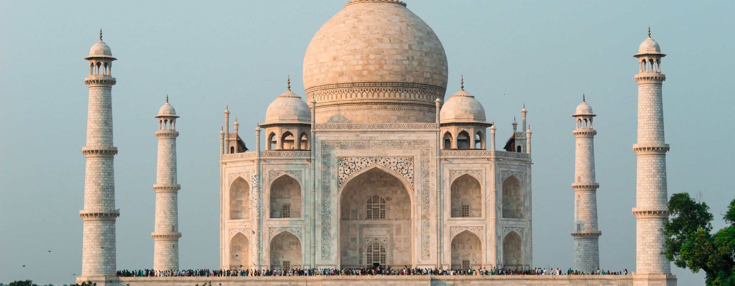 A stunning view of the Taj Mahal, a white marble mausoleum in Agra, India