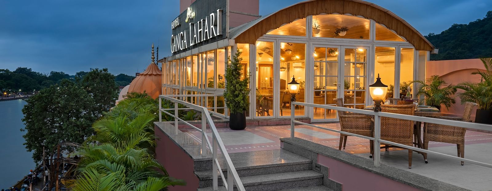 Restaurant Patio entrance with stairs leading up to the restaurant  - Ganga Lahari, Haridwar