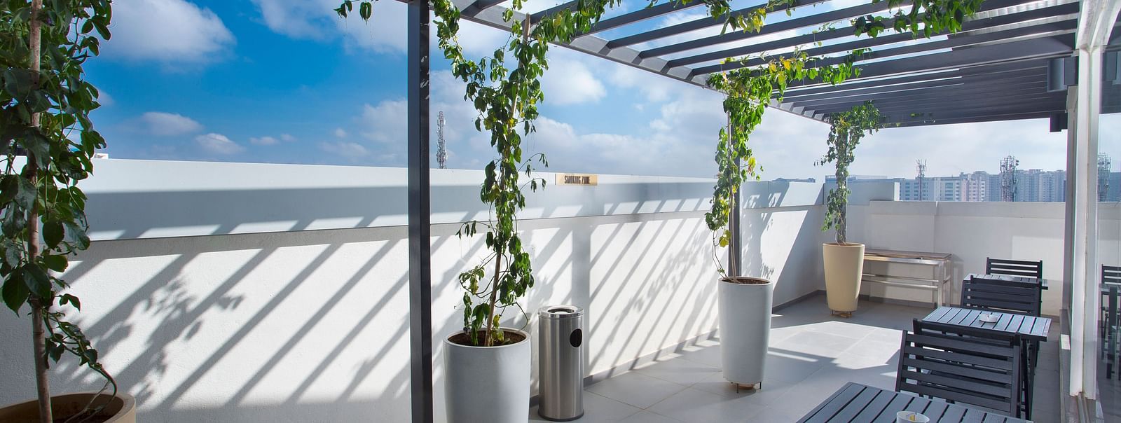 A rooftop terrace with a pergola, climbing plants and seating area against an urban backdrop - De Venetian by TGI, Brookefield