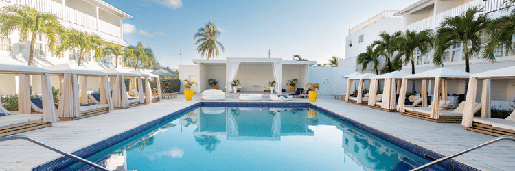 Large outdoor swimming pool surrounded by lounge beds and palm trees, flanked by The Soco Hotels' elegant backdrop.
