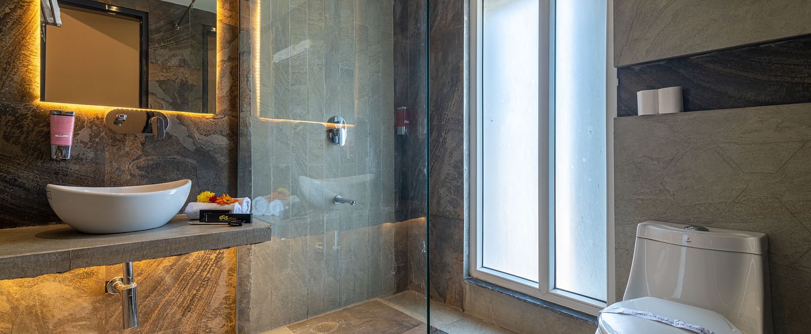An image of a washroom in the deluxe room with a basin, shower area, a commode, and warm lighting - DLS Ganga Bliss, Haridwar