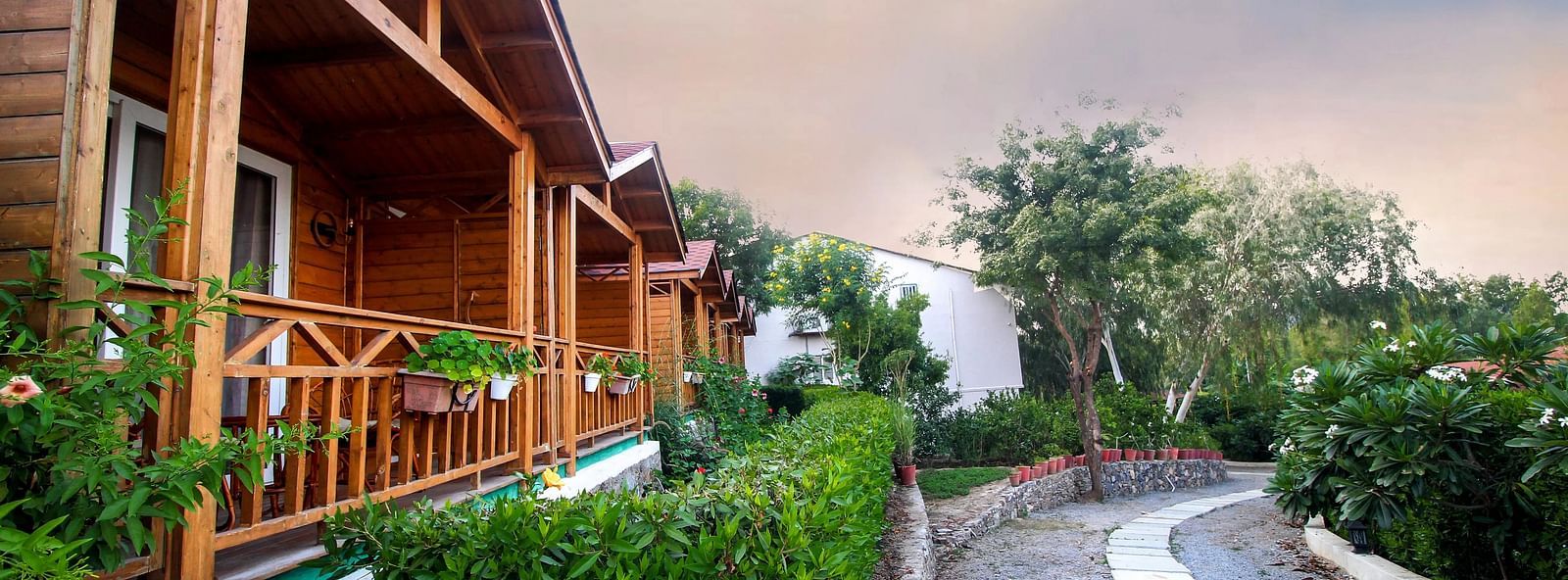 Wooden cabins with green trim along a paved path.