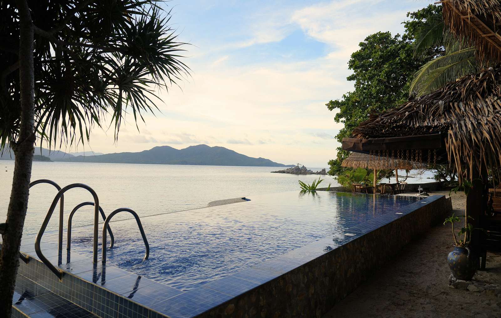 Infinity pool overlooking the ocean with sunset views and tropical palm trees.