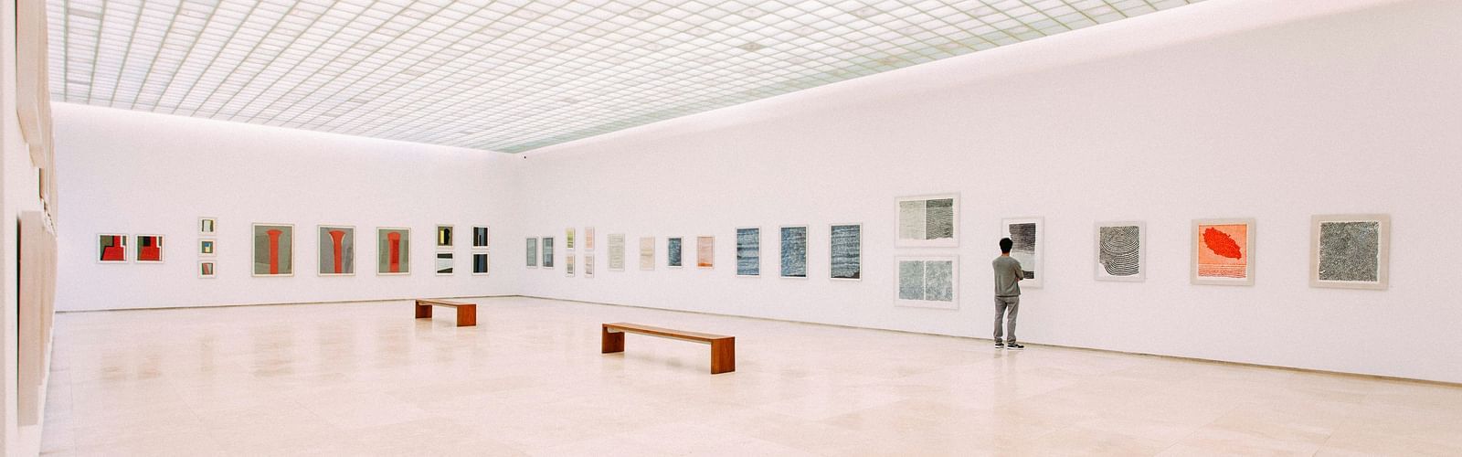 A solitary person looking at a painting in a museum that has painting across the wall.
