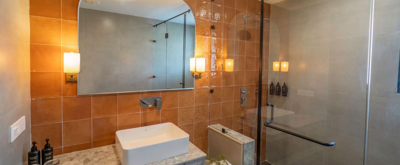 Modern bathroom with a walk-in shower and a sleek sink area with a wall-mounted mirror, separated by a glass door at The Chamomile Estate.