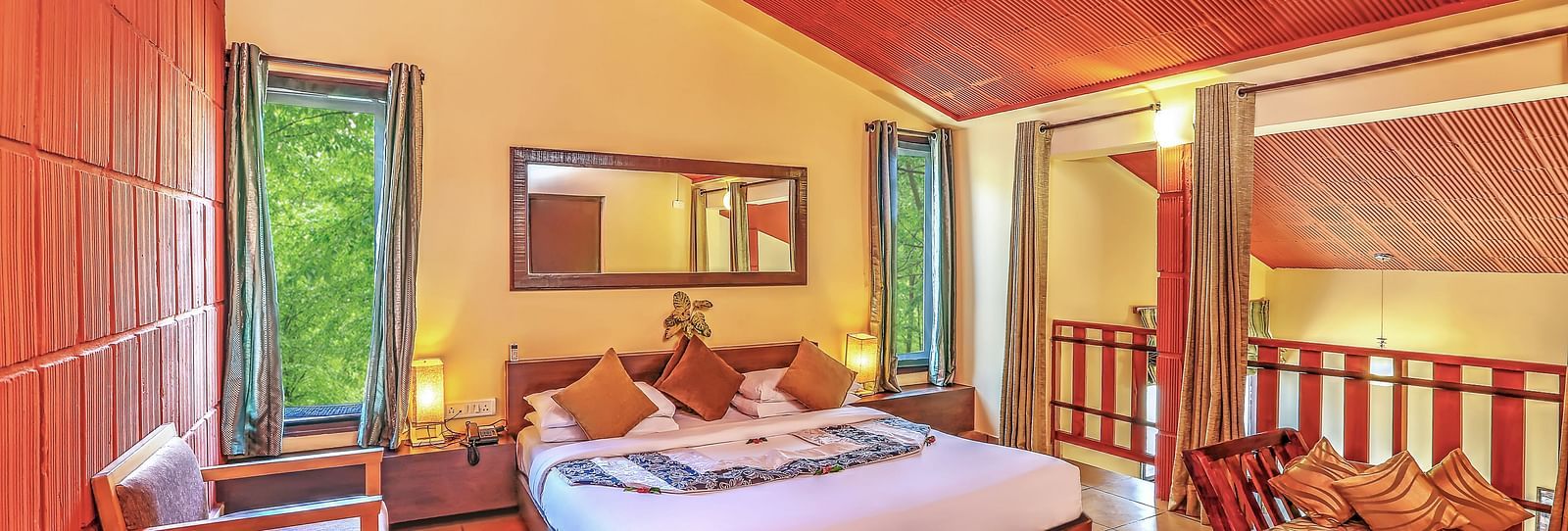 wide view of a bedroom with a large with with a ceiling fan and a workdesk and chair - Kadkani River Resort, Coorg