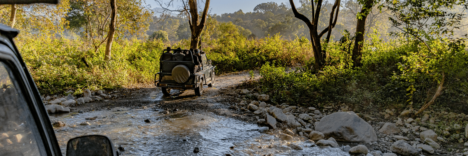 Image of two safari jeeps traversing through a stony water stream at Jim Corbett