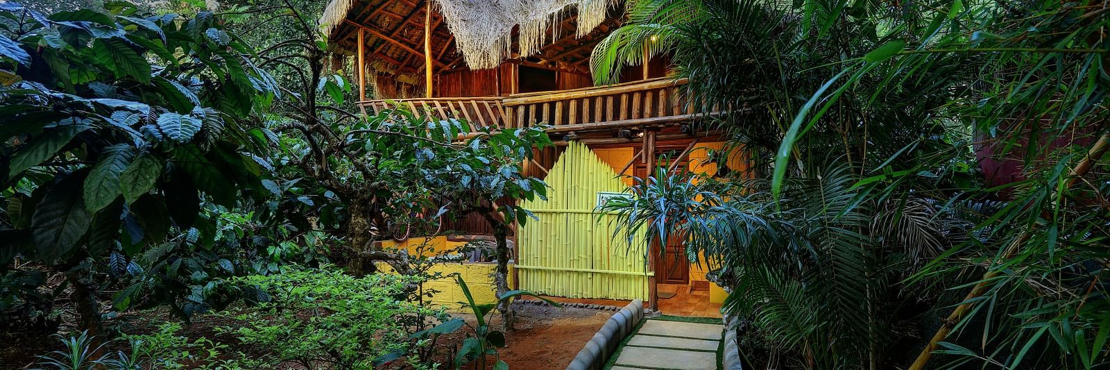 A facade image of the Family Wooden Cottage with a stone pathway leading to the cottage and covered in greenery - Evergreen County