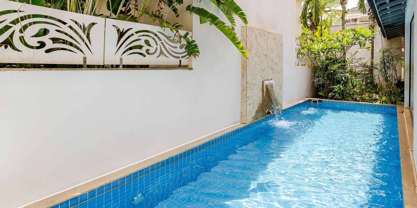 Narrow private swimming pool at Lindsay Manor bordered by white walls and tropical plants under natural daylight.