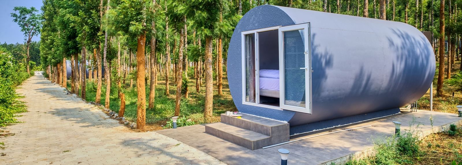 A modern, grey, capsule-shaped accommodation unit nestled among tall, slender trees, with a pathway leading to its entrance. - Vintage Trails by Ilara