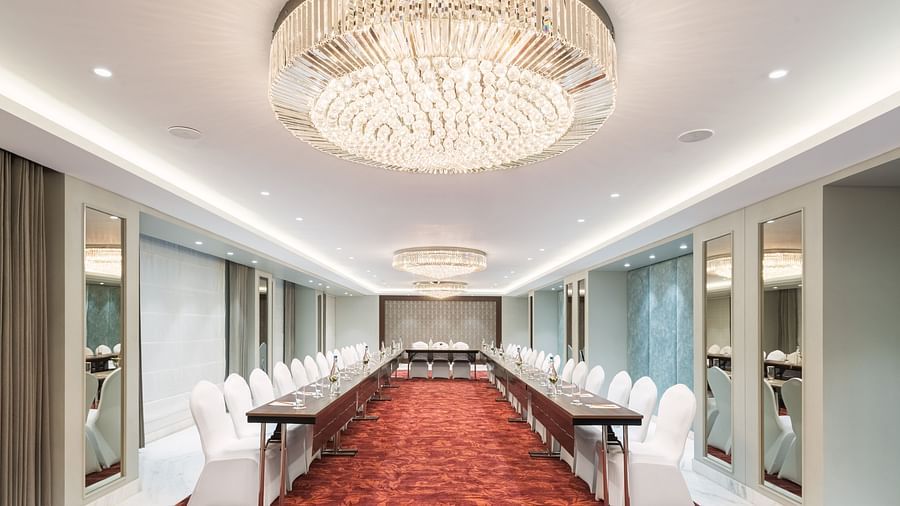 Sampark Banquet Hall in Haridwar with a well-organised U-shaped seating arrangement - MJ Sarovar Portico, Haridwar