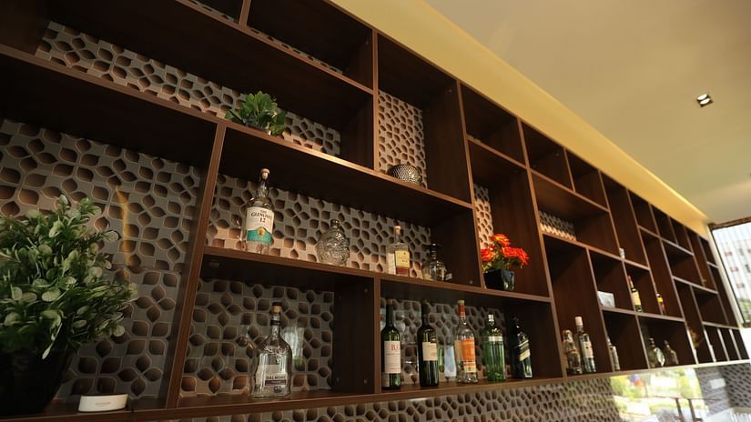 Well-stocked bar shelf